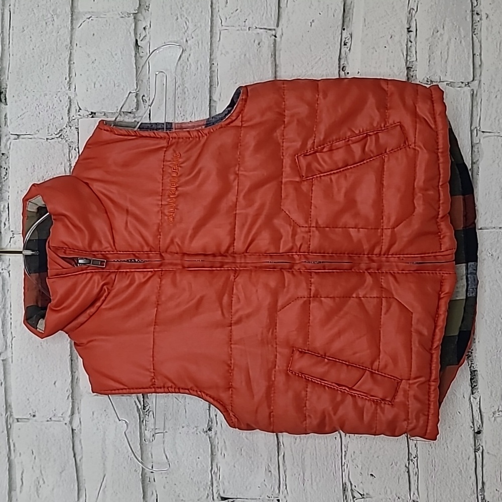 Calvin Klein Jeans Kids Zip Up Quilted Puffer/Plaid Fleece Vest/Jacket in Orange